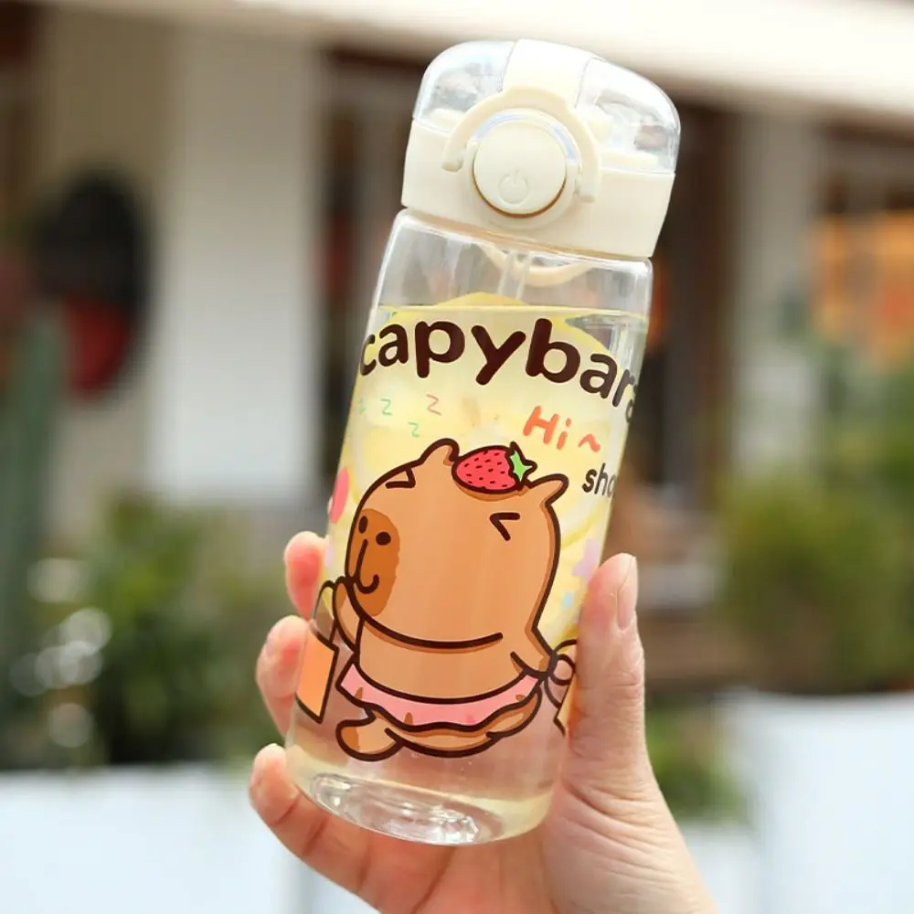 Cute Cartoon Capybara Straw Water Bottles 400ML Transparent Children's Water Cup Portable Leak-Proof Drink Cup Home Office