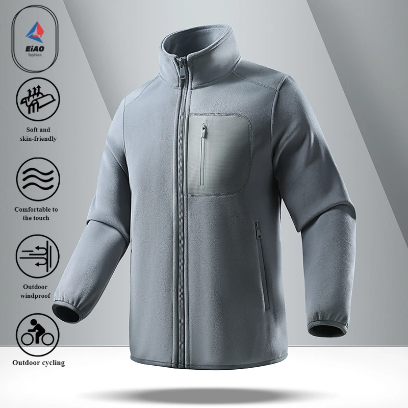 EIAO 2025 Mens Fleece Lined Stand Collar Jacket Thickened Warm Zip Hoodie Plush Velvet Coat Casual Streetwear Outdoor Tech