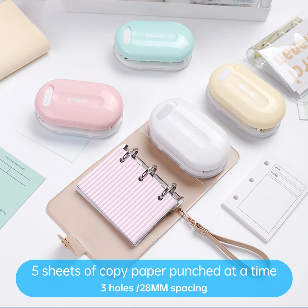 KW-triO 3-Hole Paper Punch Handheld Mini Loose Leaf Paper Puncher Support 5.5mm Aperture 5 Sheet Capacity for Notebook