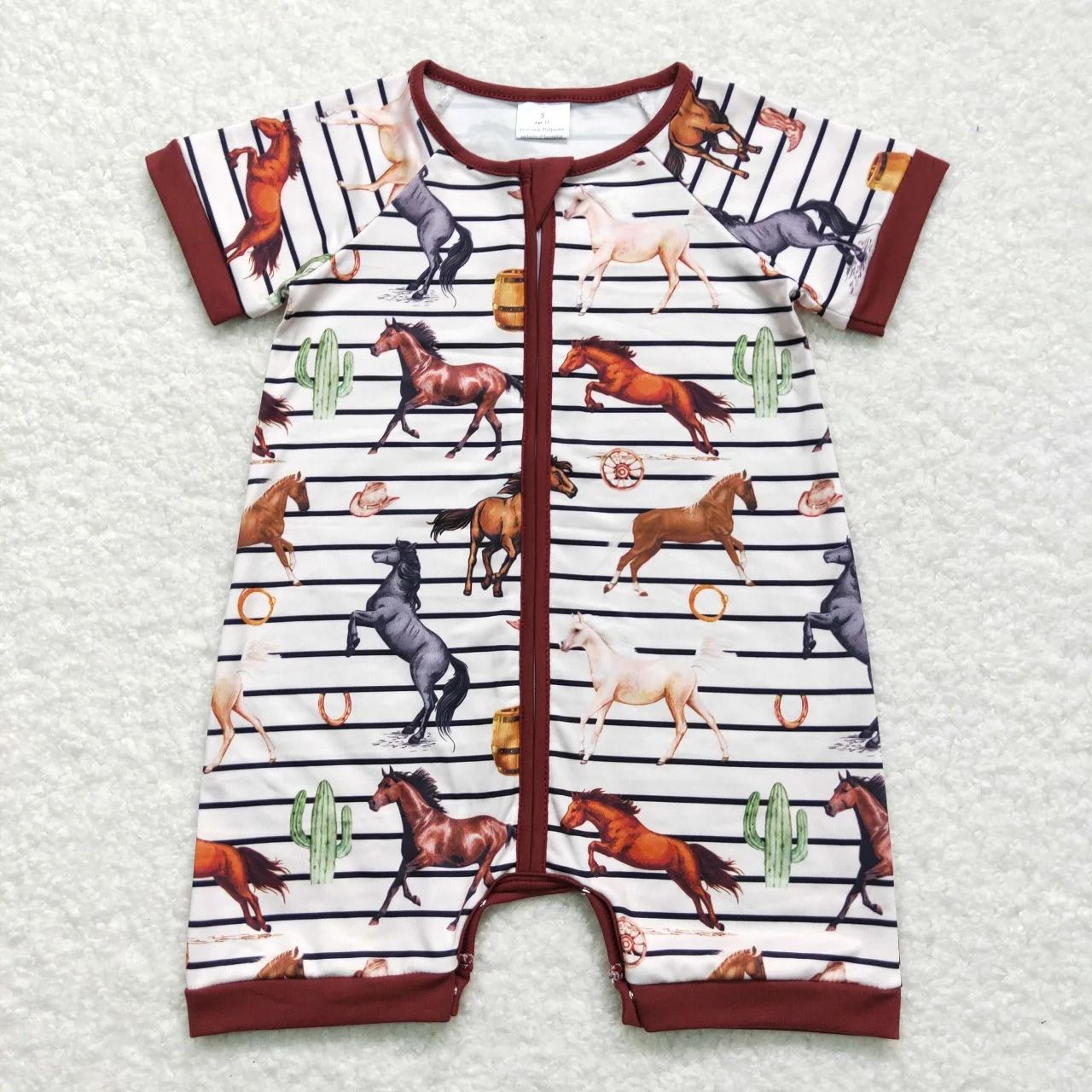 

Wholesale Newborn Coverall Bodysuit Baby Boy Toddler Horse Romper Stripes Short Sleeves Kids Zipper Western One-piece Jumpsuit