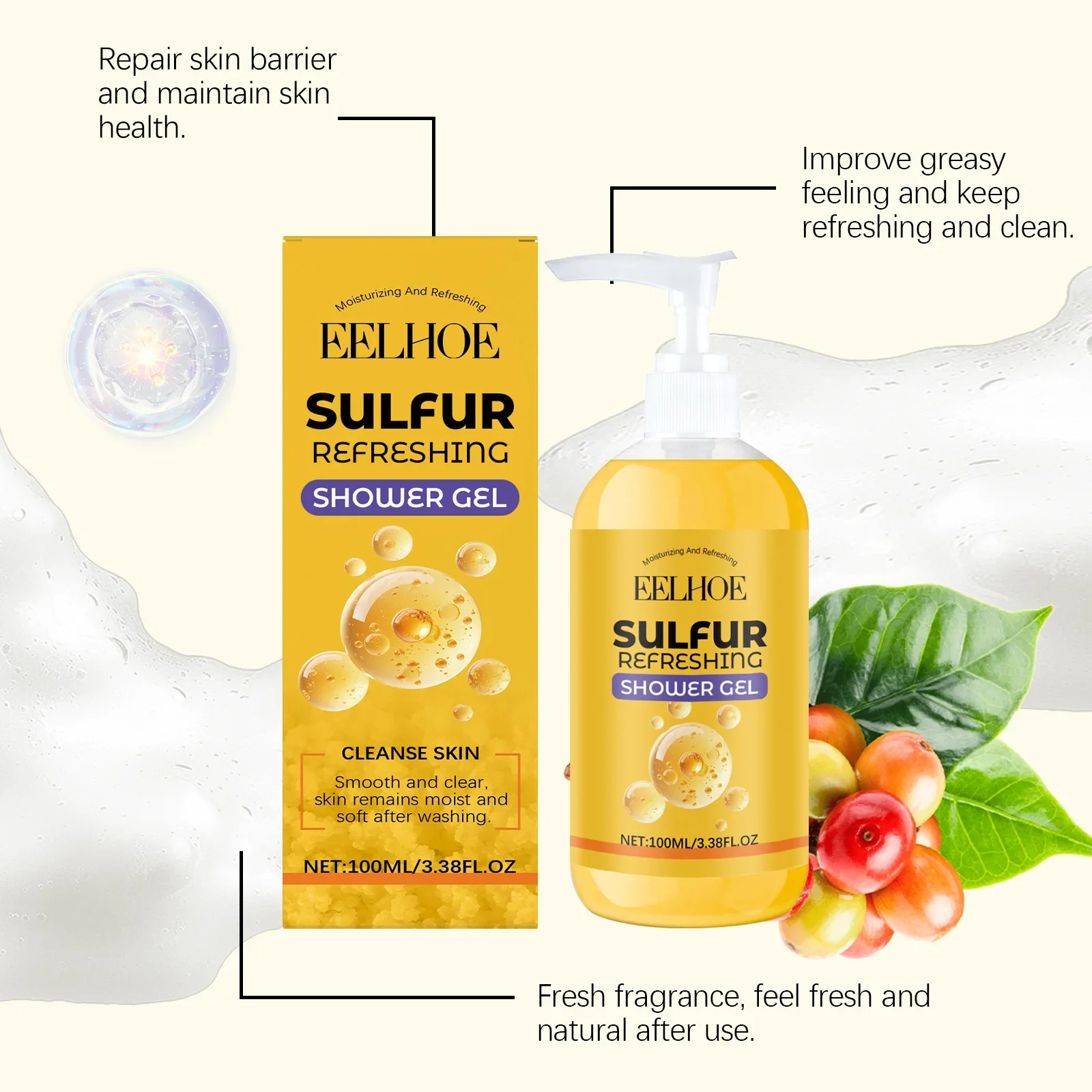 Sulfur Refreshing Shower Gel Deep Cleansing Oil Control Moisturizing Soothing Brightening Skin Improve Rough Skin Body Care