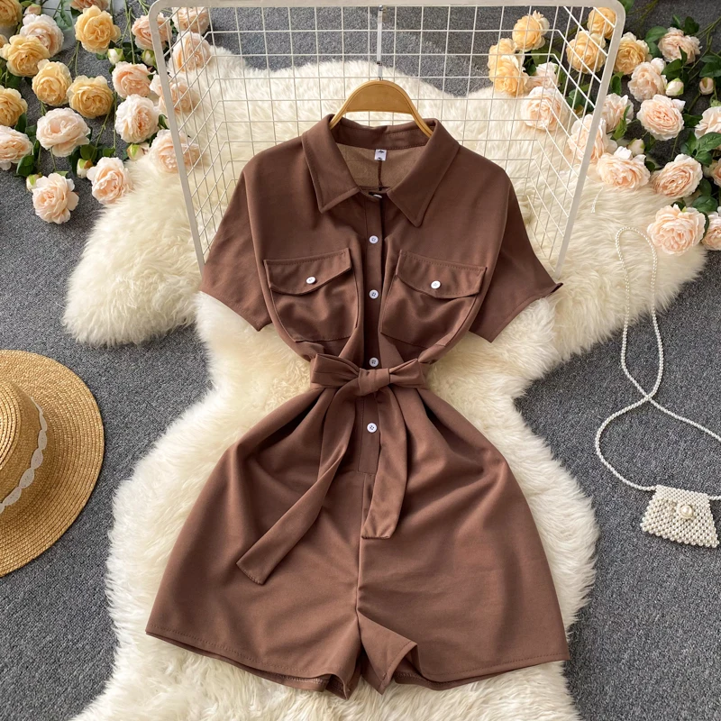 

Women New Summer Turn-down Collar Playsuits Lace-up Slim Waist Short Sleeve Single-breasted Jumpsuits Solid Office Lady Mujer