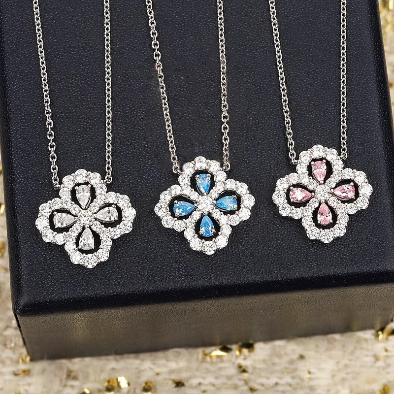 

Premium Luxury Banquet Jewelry 925 Sterling Silver Zircon Four Leaf Grass Lucky Flower Necklace Women's Elegant Fashion Brand