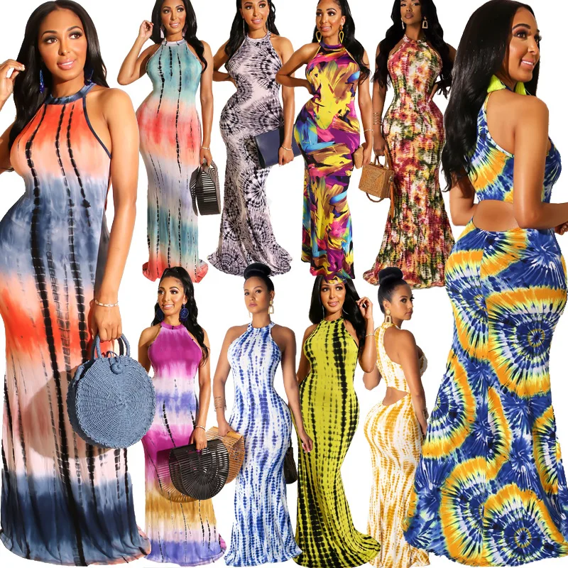 

Dress for Women 2023 Fashion Tie-dye Print Sexy Long Dress Ladies Sleevless Halter Bodycon Dress