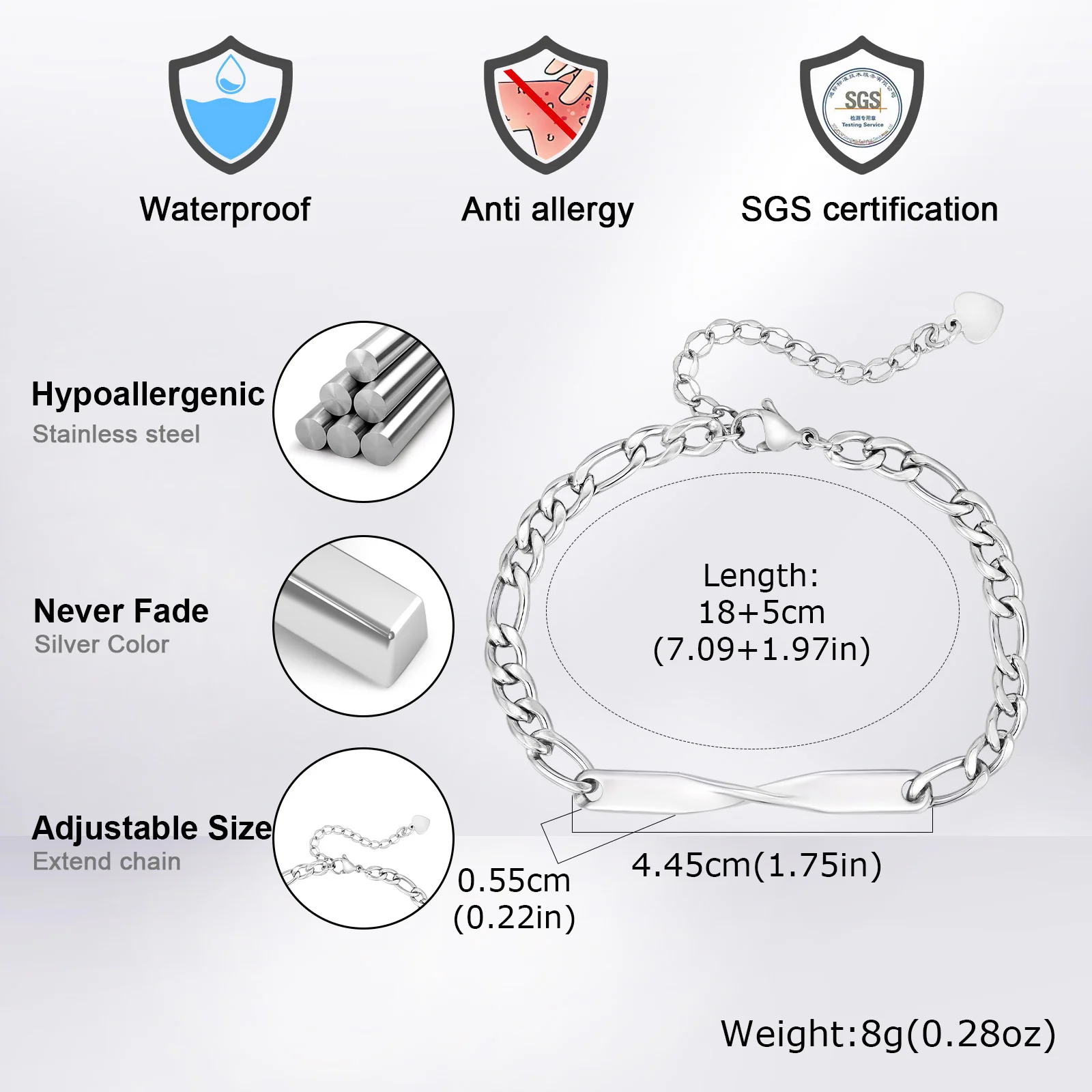 Mobius Chain Bracelet for Men Boys,Waterproof Stainless Steel Figaro Chain Adjustable Wristband,Simple Male Jewelry Gift