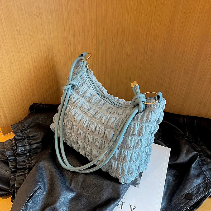 Solid Shoulder Side Bag Fashion Bags Cute Ladies Fresh Bubble Bag Women's Soft Pleated Underarm Bag Tote Bags for Women