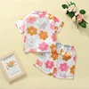 Girls Pajama Set Cute Short Sleeve Lapel Neck Floral Print Button-Up Top with Loose Fitting Shorts 1