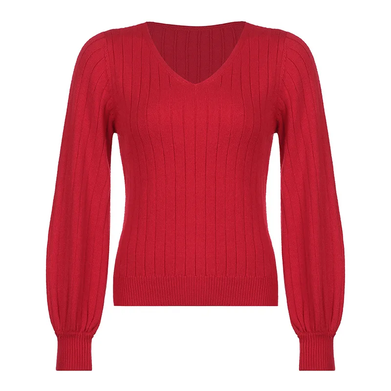 Spring Fashion Loose Long Puff Sleeve Solid Color V-neck Casual Pullovers Women Aesthetic Sweaters Girl Knitwear Y2k Vintage red sweater