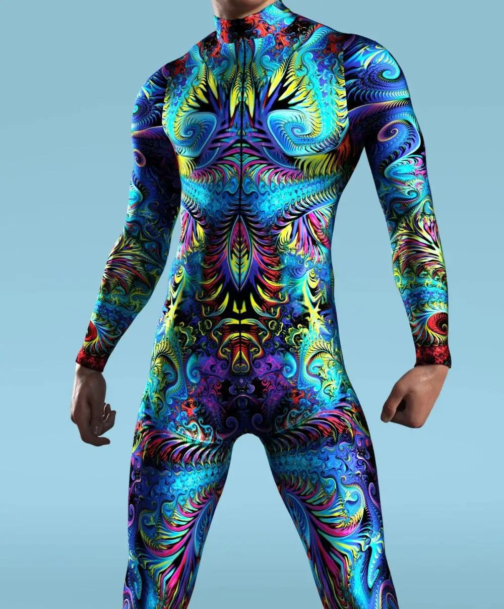 Men festival costume set Men rubber bodysuit Multicolour Printing Bodysuit Party Kid Men Jumpsuits Machine Zentai Skinny Costume Festival Outfit Catsuit Front Zipper Elastic