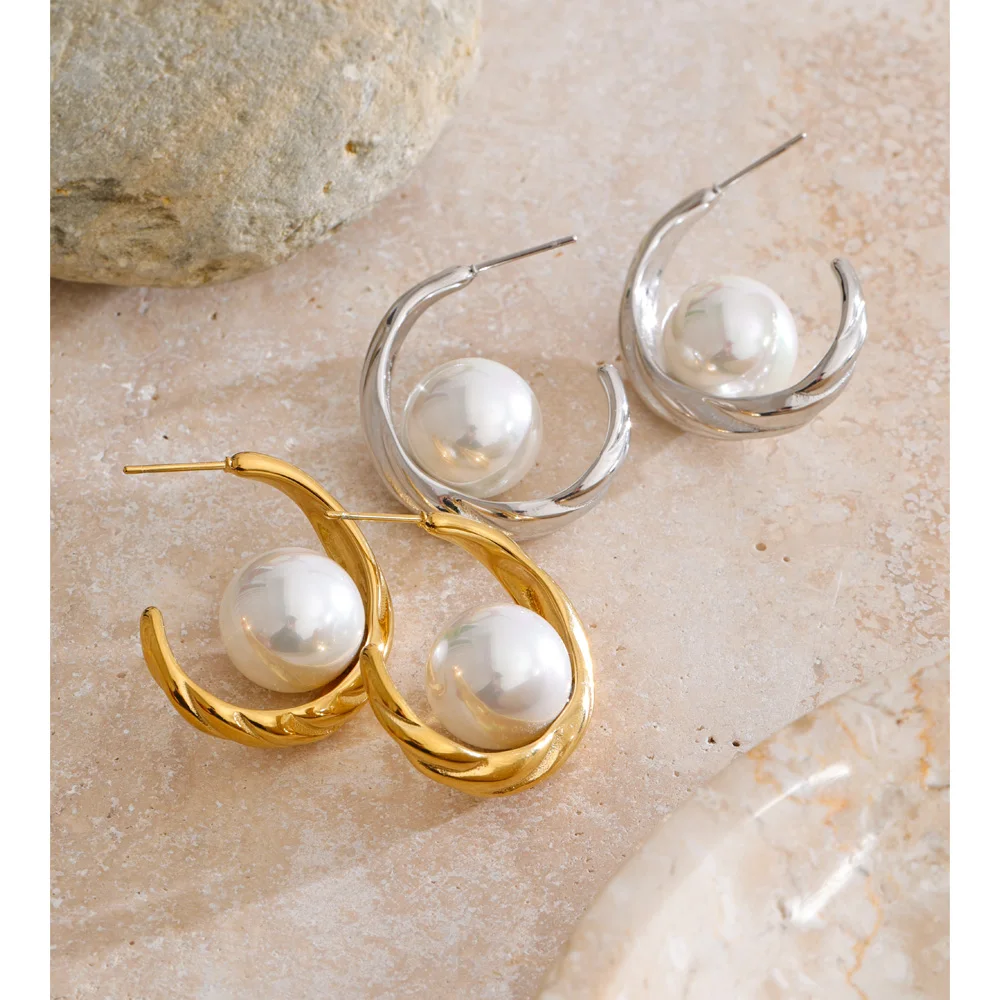 Yhpup 2026 Stainless Steel Imitation Pearls C Shape Huggie Earrings