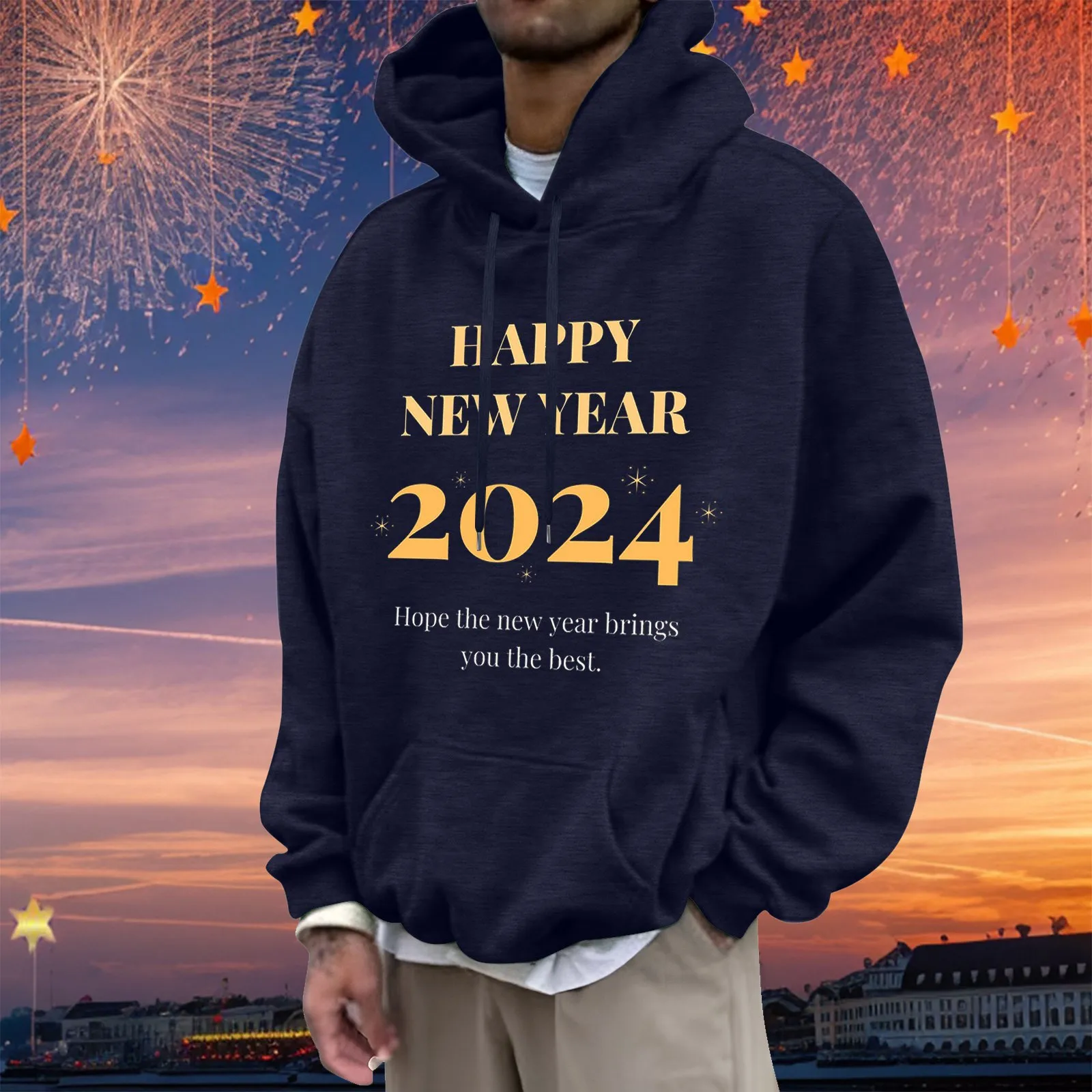 

Men's Autumn And Winter New Year Theme Printed Sweatshirt Long Sleeve Pocket Long Sleeve Hoodie Sweatshirt Men No Hood