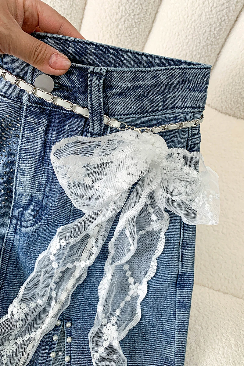 Jeans Y2K Baggy pour Femme, Printemps, avec Appliques en Dentelle, Cloutés de Cristaux, Denim Effiloché, Décorations de Perles, Coupe Évasée à Fente Haute