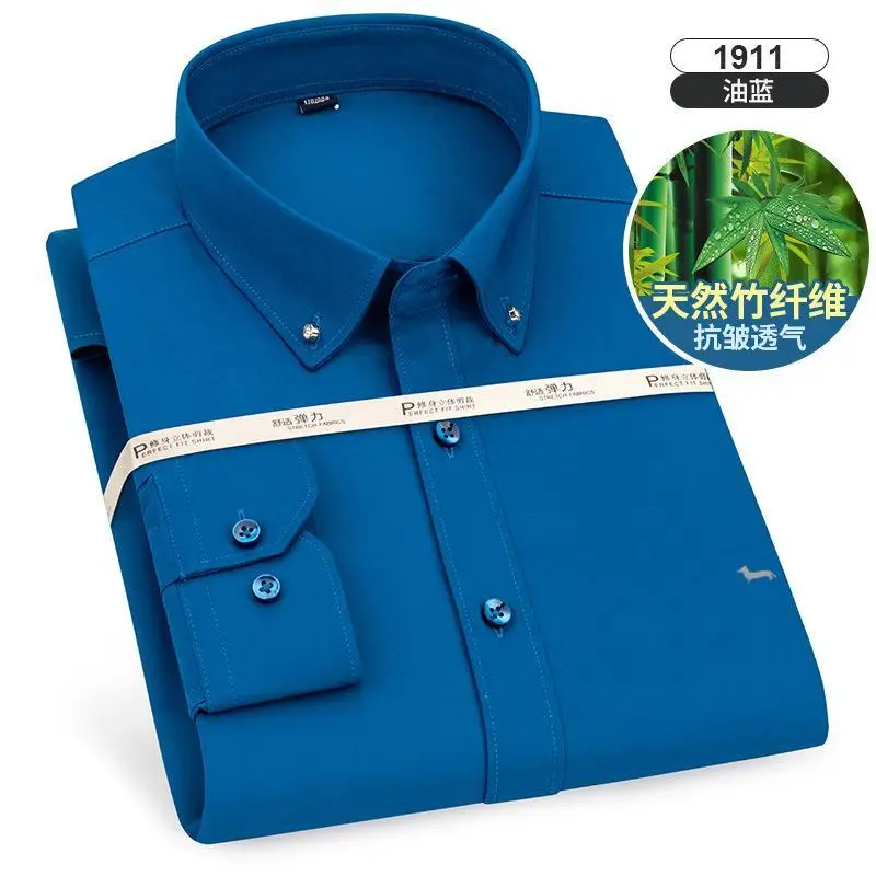 New Spring Casual Business Men Blouse Slim Fit Embroidery Bamboo Fiber Harmont Solid Long Sleeve Blouses Blaine Chinese Clothing