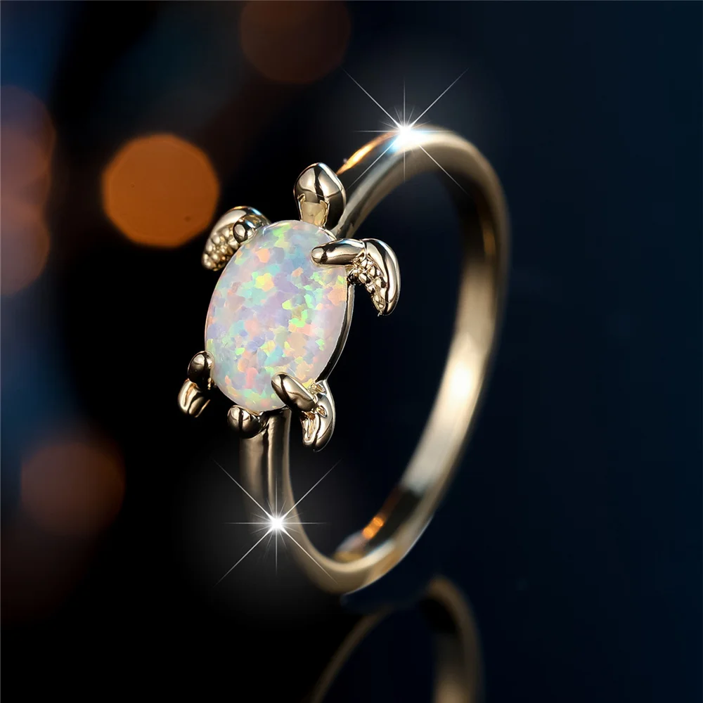 Charm Female White Fire Opal Stone Round Turtle Ring Gold Color Wedding Jewelry For Women