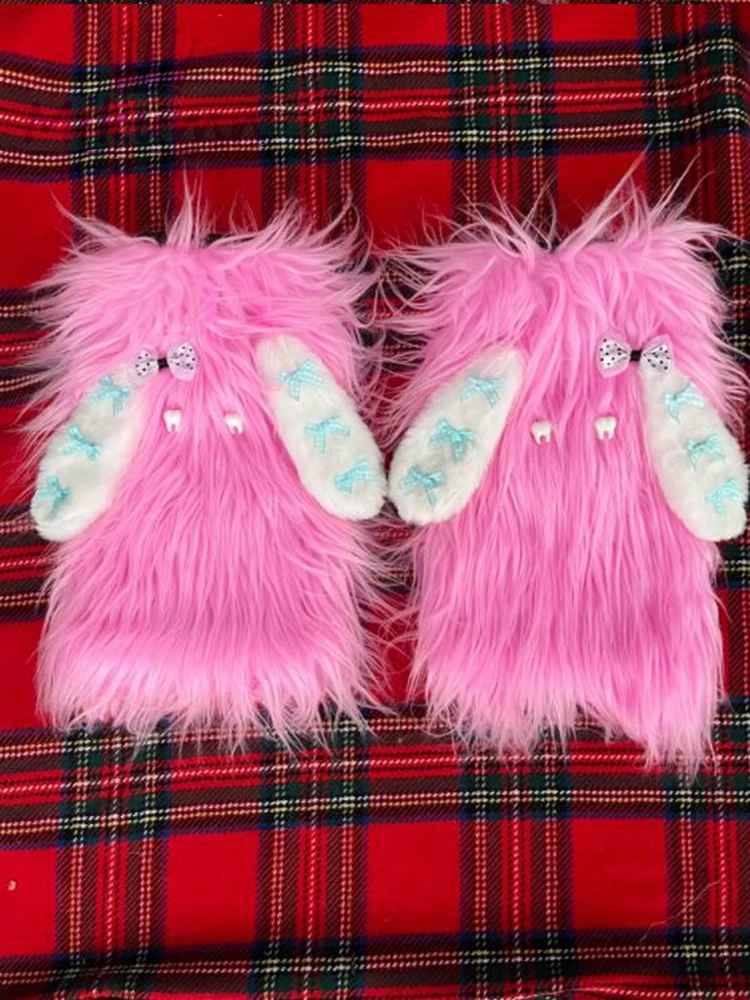 Description Picture 4 of itemHarajuku Pink Blue Sweet Bow Faux Fur Leg Warmers Socks Y2K Girls Japanese Kawaii Cartoon Rabbit Ears Warm Boot Cover Streetwear