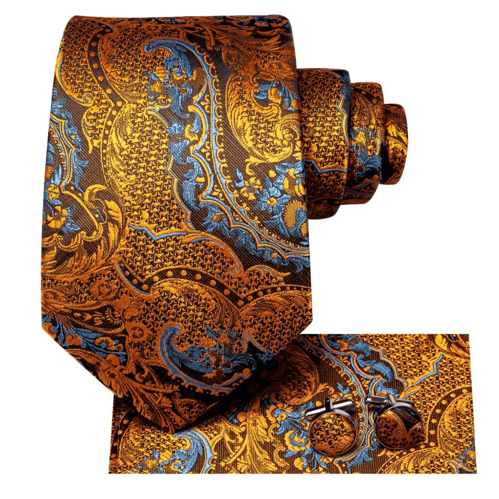 Hi-Tie Silk Mens Ties Floral Black Gold Ties Paisley NeckTie Pocket Square Cufflinks Set Men's Wedding Party Tie