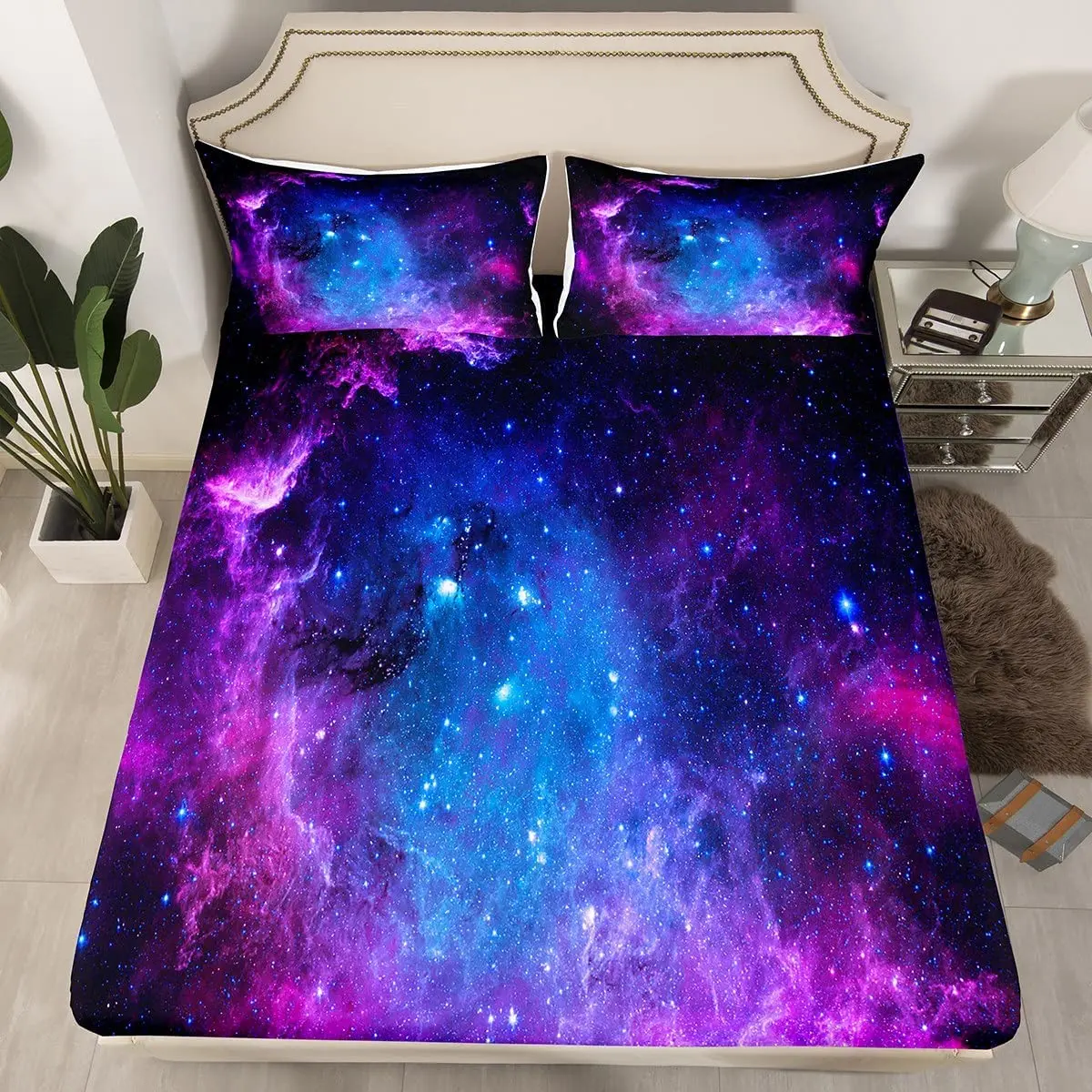 Purple Galaxy Bedding Set Kid Teen Girl Boys Starry Sky Fitted Sheet Space Universe Star Design, Soft Breathable Home Decorative 4