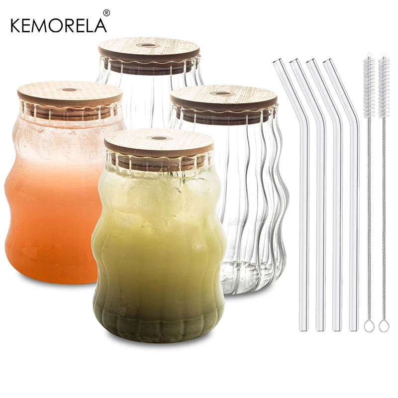 4PCS Ribbed Glass Cups With Straws With Lids Set 18Oz Vintage Drinking Glassware For Iced Coffee Beverage Milk Cocktails