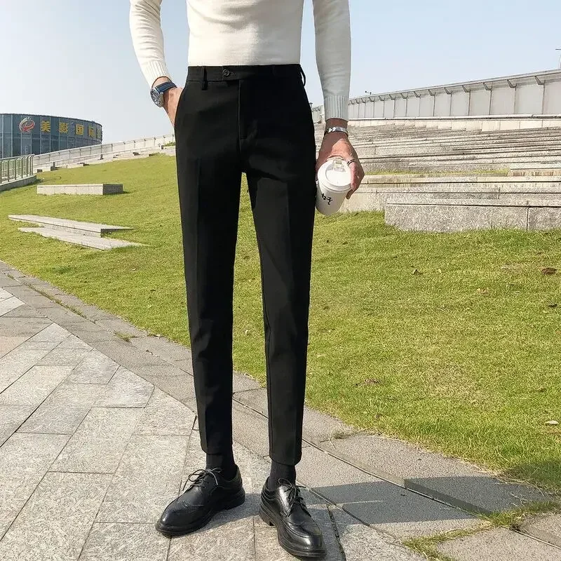 thumbnail image 1 of Pantalones de traje de negocios rectos y ajustados para hombre, de cintura alta, fluidos, para oficina, trabajo, social, sastrería, pantalones trenzados para hombres., 1 of 5