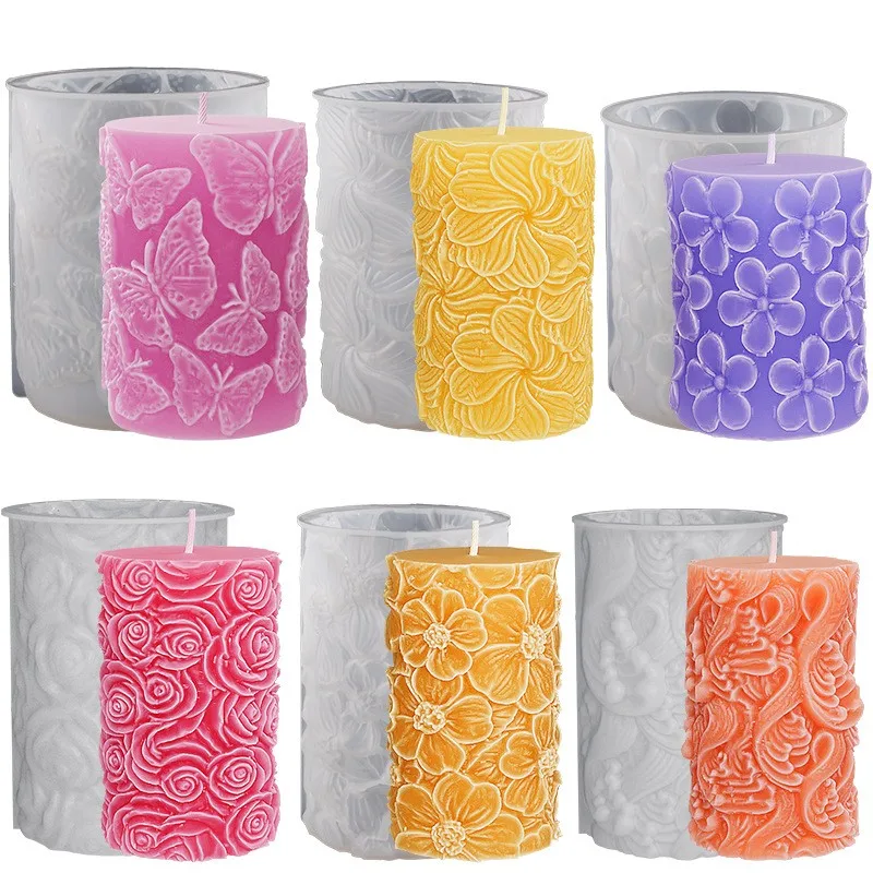 

DIY Circular Column Shape Candle Silicone Mold Butterfly Rose Wave Pattern Aromatherapy Epoxy Resin Molds Home Decoration Gifts