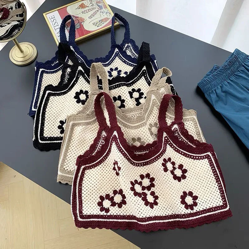 

Boring Honey Retro Flower Embroidery Tank Top Women Sleeveless Chic Short Crop Top Women Wavy-Edge Contrast Color Corset Tops