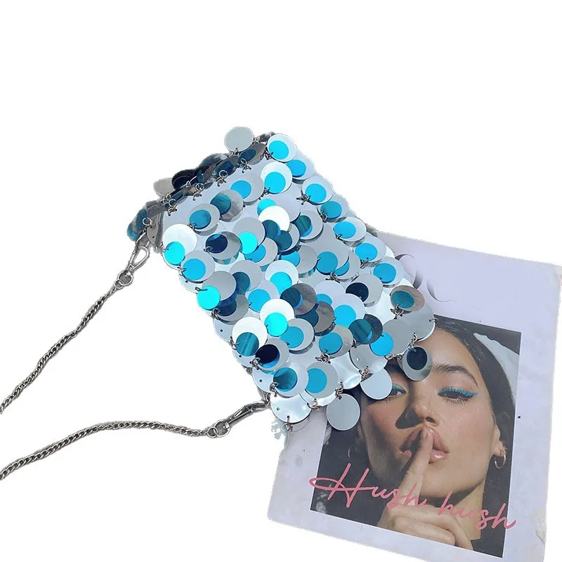 Luxury Women Bags Designer Silver Metal Sequins Chain Woven Bag Evening Bags Clutch Female Travel Holiday Shoulder Bag Handbag