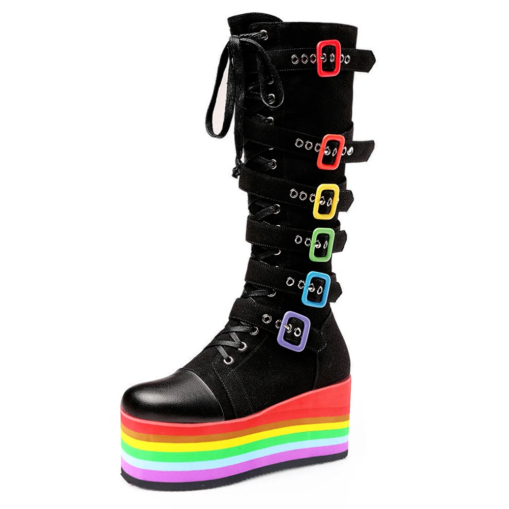 GIGIFOX Brand Big Size 43 Fashion Gothic Rianbow Platform Buckles Zipper Colorful Great Quality Motorcycle Boots Woman Shoes 
