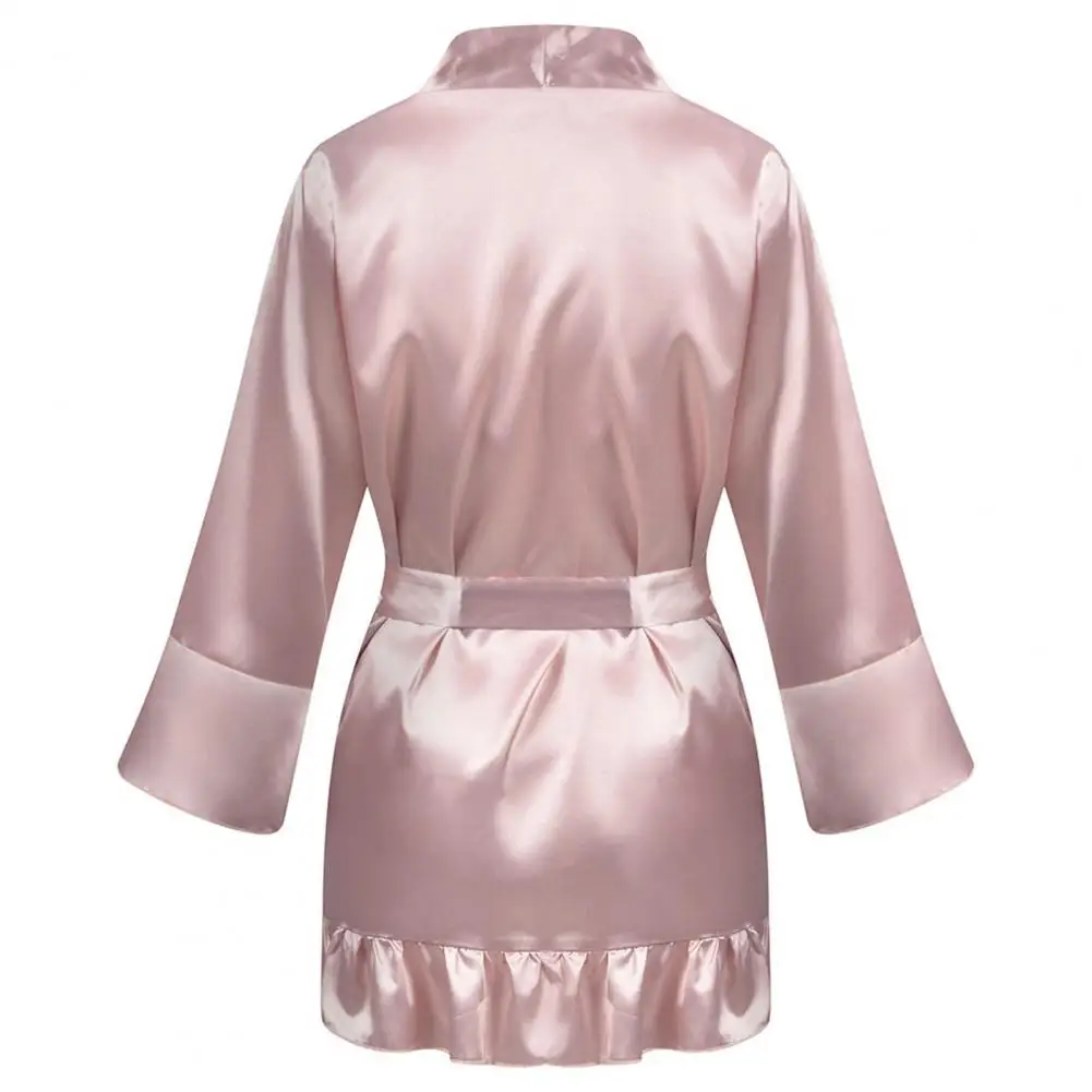 Women Pajamas Cardigan Silky Above Knee Long Sleeves Sleeping Robes Satin Tight Waist Lace Up Lady Sleeping Gown For Bedroom,women dress,women sleepwear,silk robe,sleepwear pajamas
