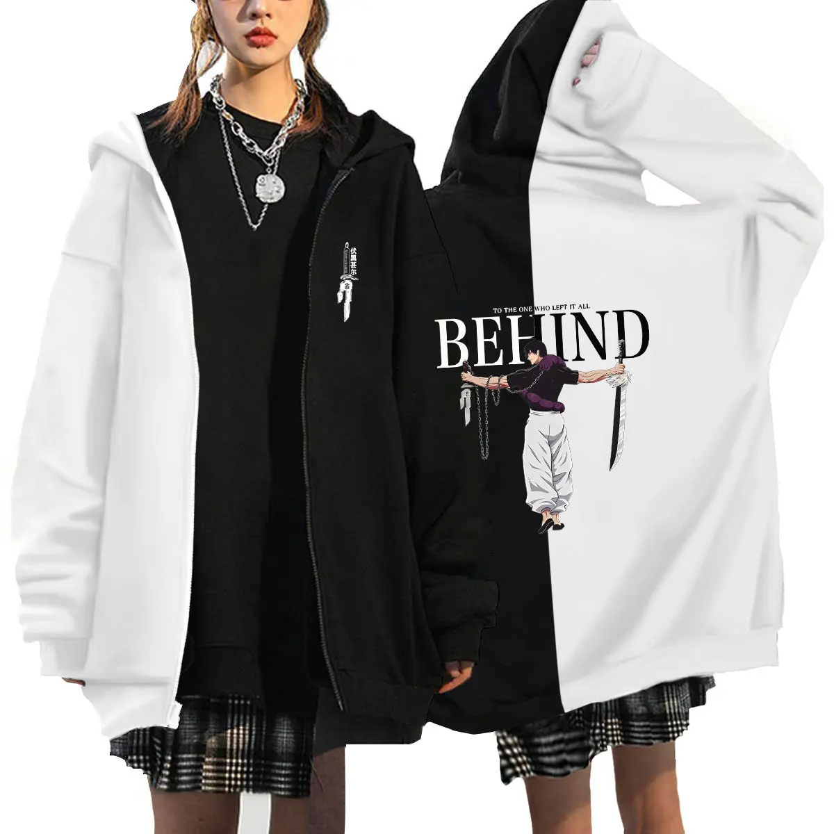 Japanese Anime Jujutsu Kaisen Zip Up Hoodie Print Harajuku Long Sleeves Hooded Sweatshirt Hip Hop Boy Girl Outerwear Coat