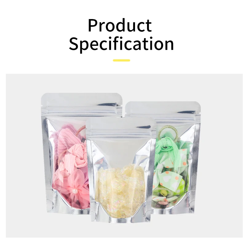 100 Stücke Transparent Silber Aluminium Reißverschluss Selbststehende Beutel Lebensmittel Trockenes Fleisch Zuckerbohnen Schokolade Snacks Verpackung Plastiktüten – Detail 3
