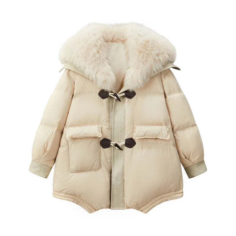 Women White Duck Down Jackets Warm Fur Fox Collar Oversize Winter Pregnant Medium Length Coats Clothes Loose Horn Buckle Black