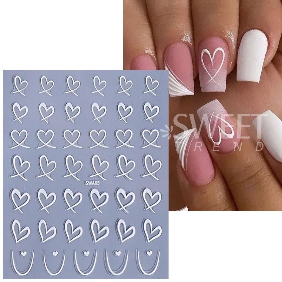 9pcs Valentine's Day Nail Art Stickers 3D Black White Pink Lines Love Heart Nail Decals DIY Adhesive Slider Manicure Decoration