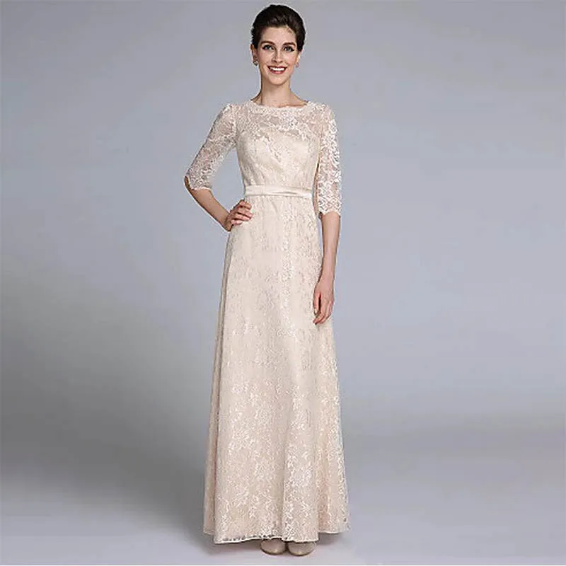 

Delicate Champagne Mermaid Half Sleeve Mother of the Bride Dress Lace Long A-Line Floor-Length Formal Wedding Party Gown