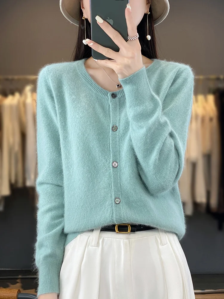 Aliselect 여성용 가디건, 퓨어 밍크 캐시미어 스웨터, O넥 루즈 여성 의류, 단색 니트웨어 상의, 매우 따뜻함