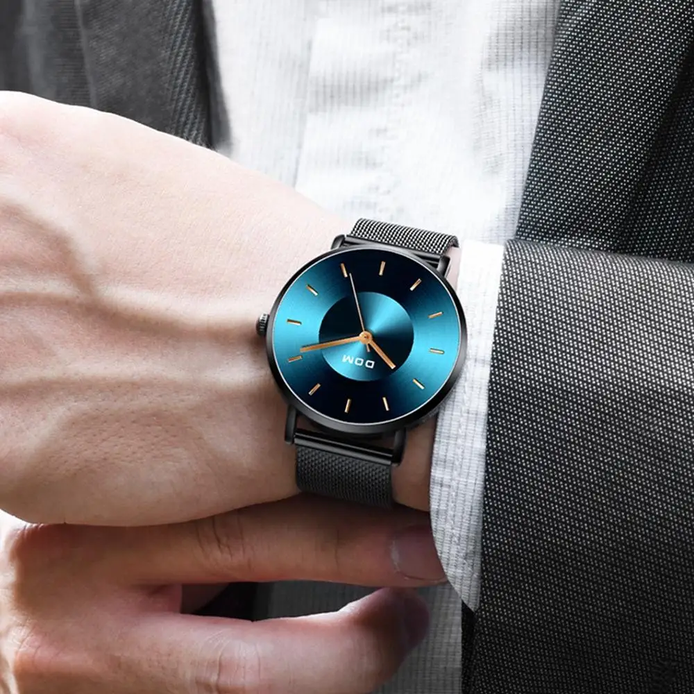 DOM New Top Luxury Brand Men Wrist Watch Quartz Clock Blue Dial Slim Watch Men Waterproof Sport Relogio Masculino M-1289BK