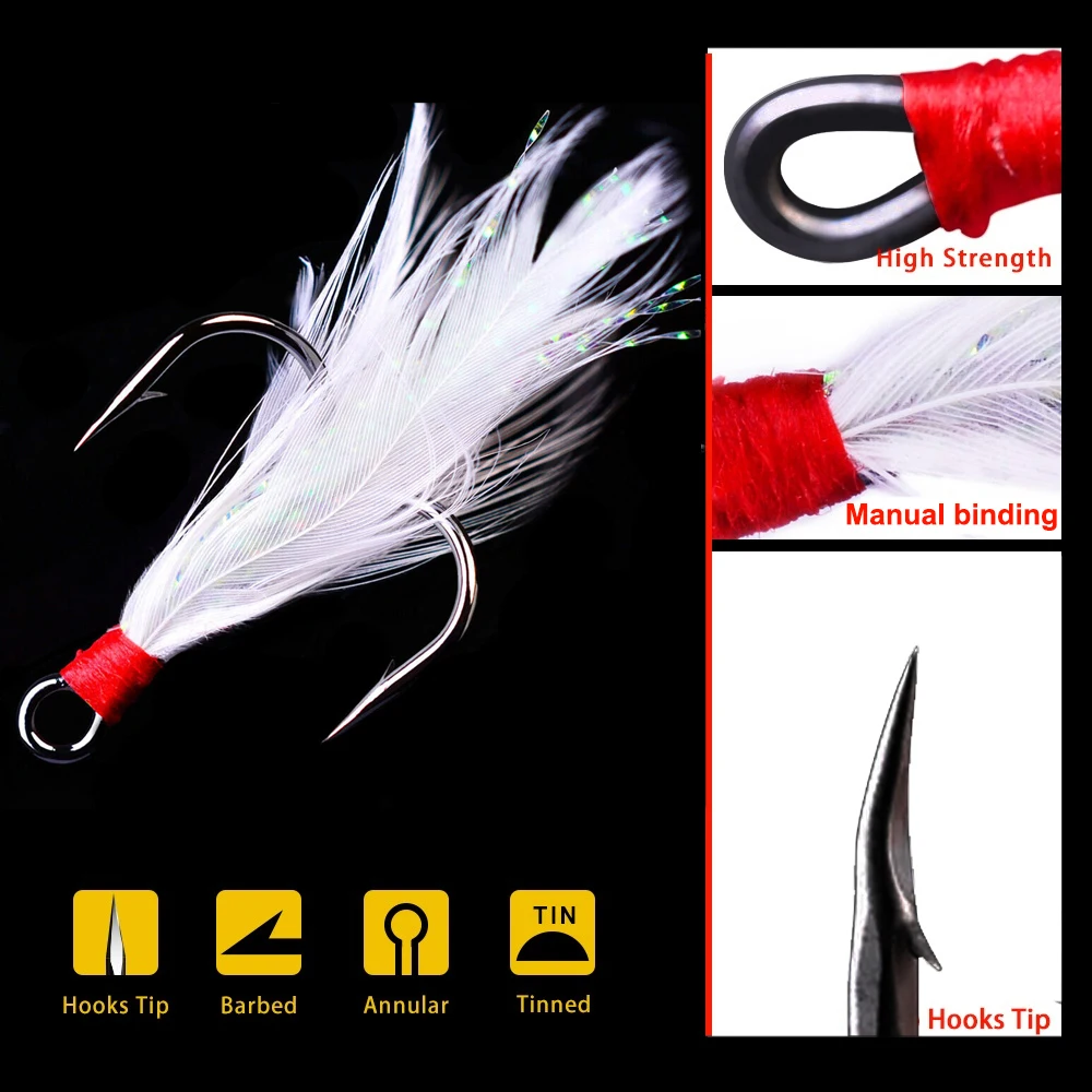 20Pcs Feathered Treble Fishing Hooks Fishing Tackle Carbon Steel Barbed  Sharp Triple Fishhook Sea Accessories With Feather