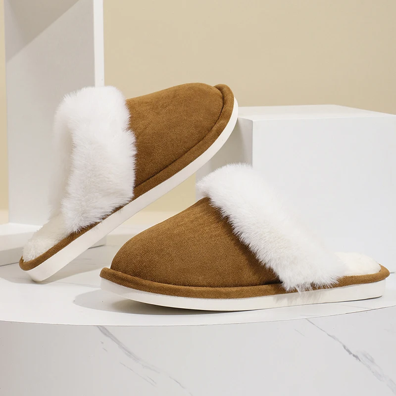 2025 New Faux Fur Flat Slippers for Women Winter Non Slip Warm Bedroom Home Slides Woman Comfortable Soft Sole Cotton Shoes