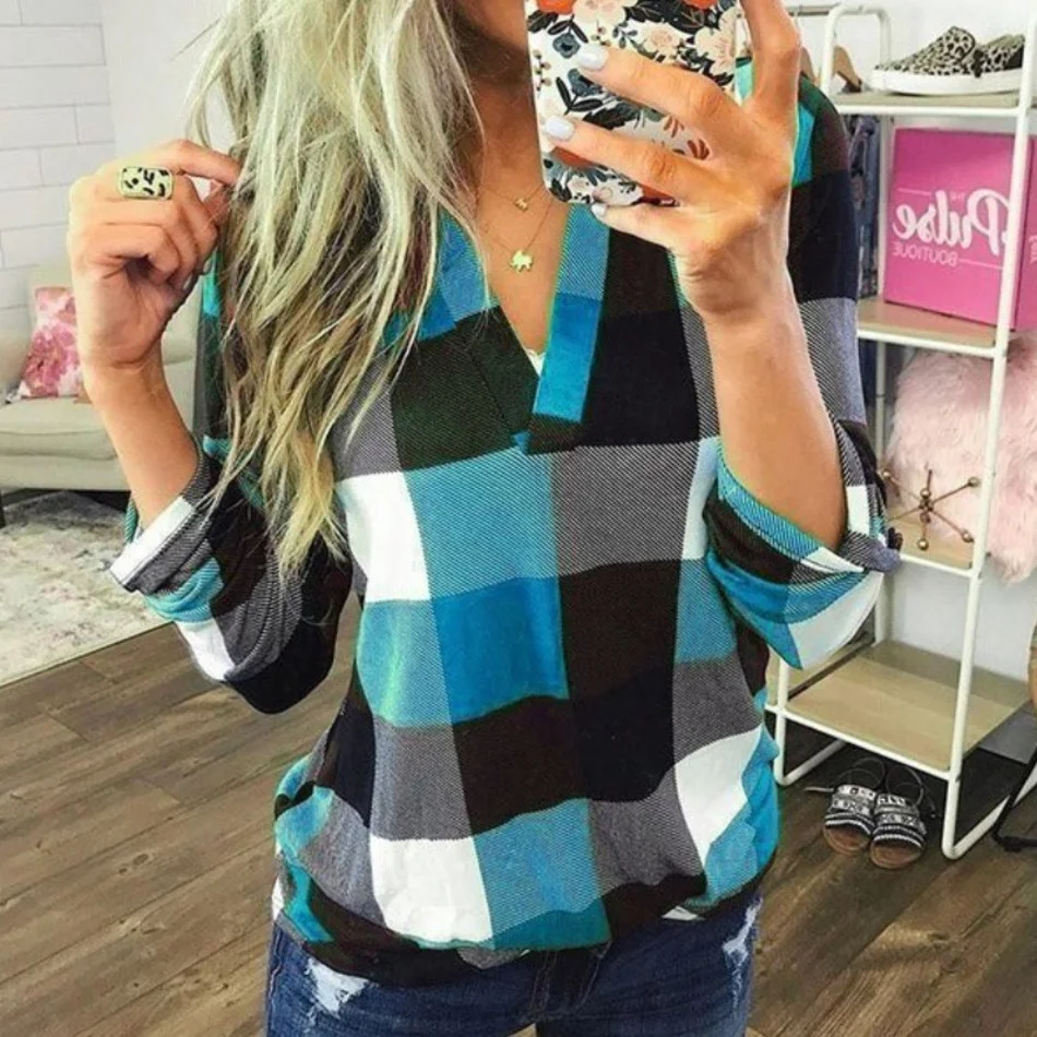2022 Women Shirts Autumn Casual Plaid Shirt For Women Tops And Blouses Long Sleeve Red Ladies Plaid Shirts