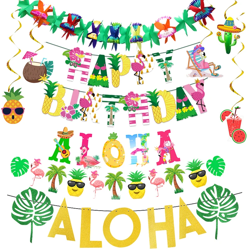 Hawaii Happy Birthday Banner Palm Leaf Holiday Summer Party Luau Aloha Party Supplies Hawaiian Tropical Decoration