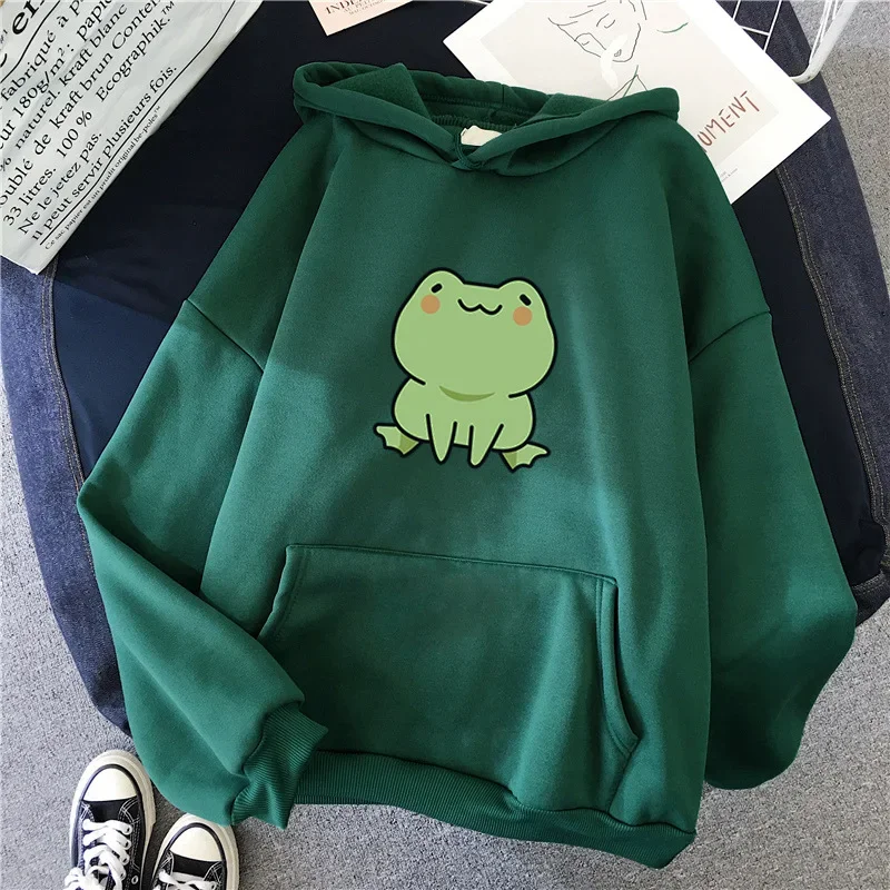 Simple Little Frog Print Hoodies Sweatshirts Kawaii Girl Loose Casual Pullover 2023 Women Harajuku Cute Fleece Hooden Streetwear