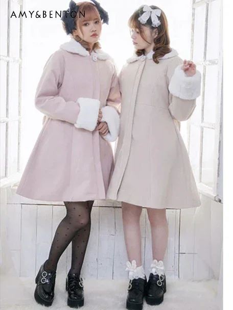

Japanese Sweet Lolita Lace Windbreaker Winter Kawaii Bow Lace Fur Collar Loose Slim All-Match Mid-Length Trench Coat for Women