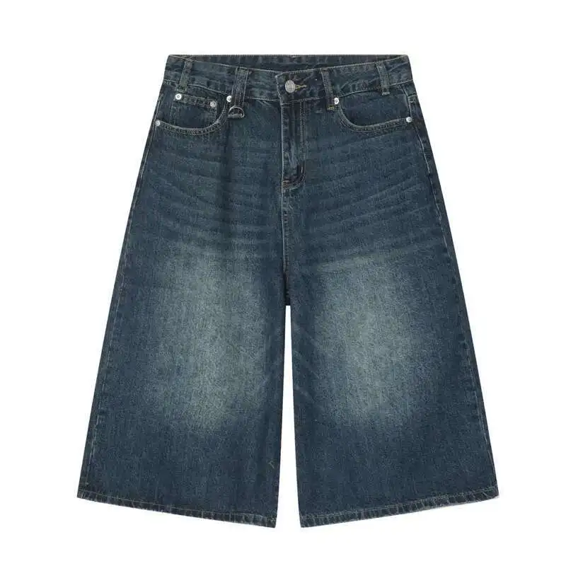 Vintage Korean Style Wide Leg Denim Shorts for Men - Washed Fashion Summer Jeans