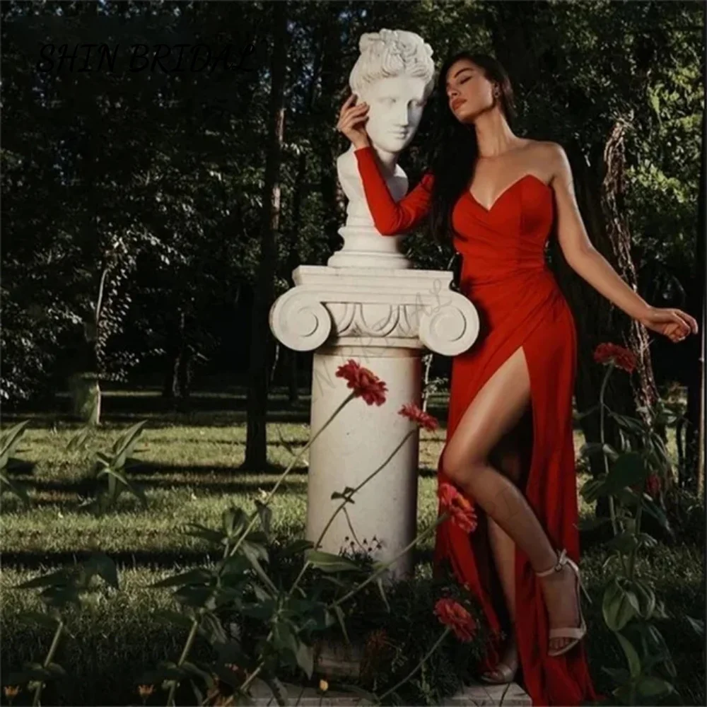 

Red Prom Dresses Sweetheart Mermaid Evening Dresses One Shoulder Full Sleeve Party Prom Dress Sexy High Side Slit Robe De Soirée