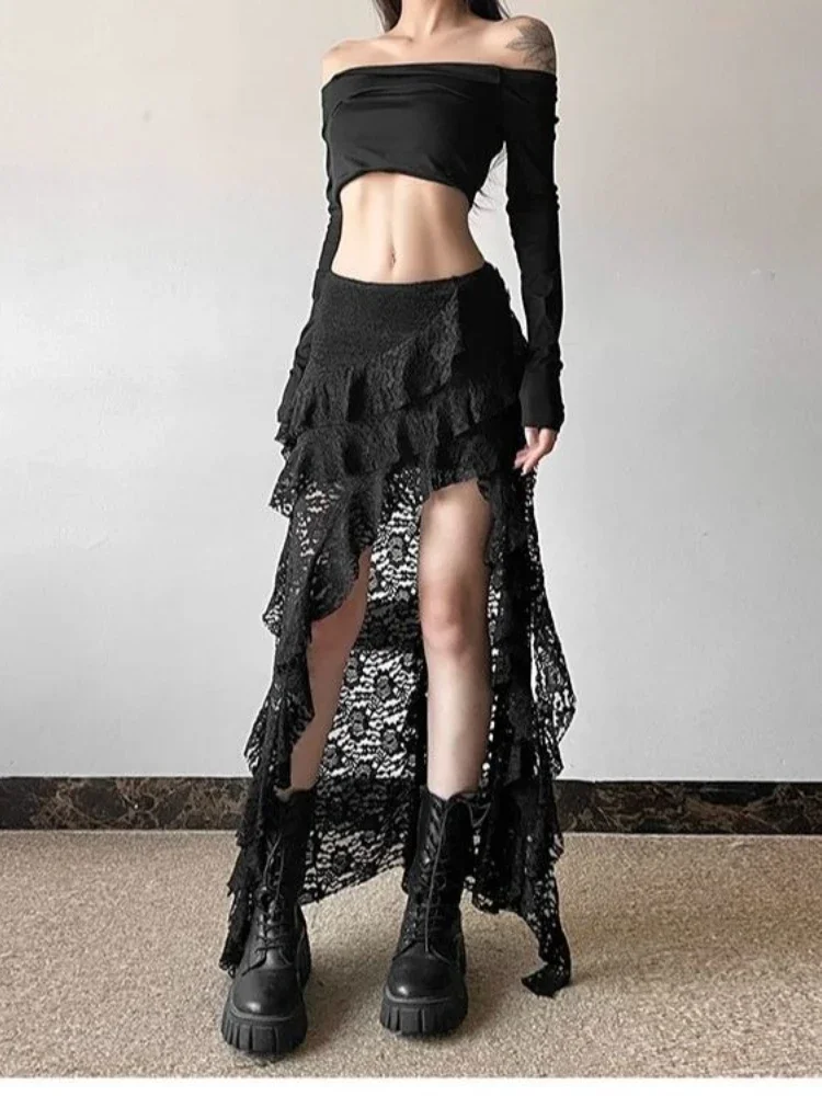 Deeptown Elegant Tulle Ruffle Skirt Women Boho Lace Vintage White Irregular Skirt Korean Style Summer Layered Mid Skirts Street 6