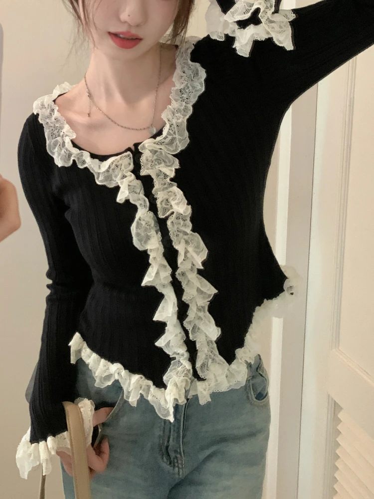 

French Vintage Lace Slim Tops Women Knitted Korea Fashion Solid Elegant Pullover Female Office Lady Long Sleeve Tops Autumn 2023