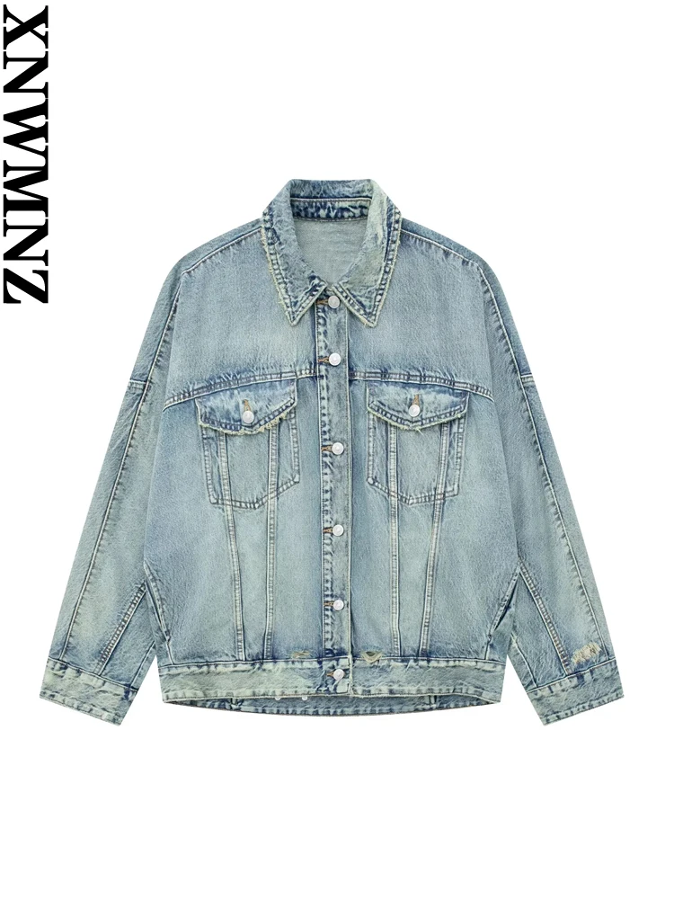 

XNWMNZ Женская мода 2023 осень/зима Оверсайз Джинсовая Куртка женская Винтажная с длинным рукавом универсальная уличная одежда женское пальто
