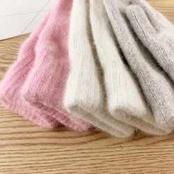 Women Double-layer Rabbit Hair Gloves Female Winter Korean Version Of Solid Color All Fingers Winter Women Gloves Girls Mittens