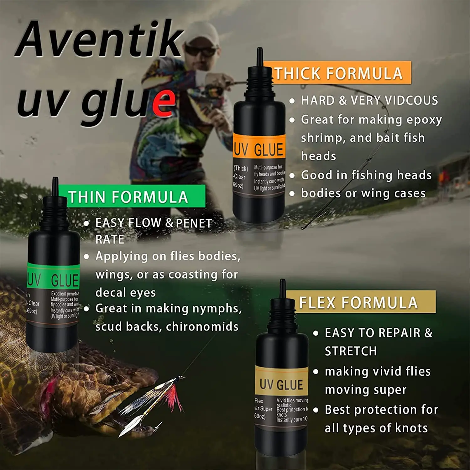 Eupheng Fly Tying UV Resin Thick Thin Flex Fly Tying Head Cement for Building Flies Heads Bodies and Wings&Gluing Eyes fly tying resin