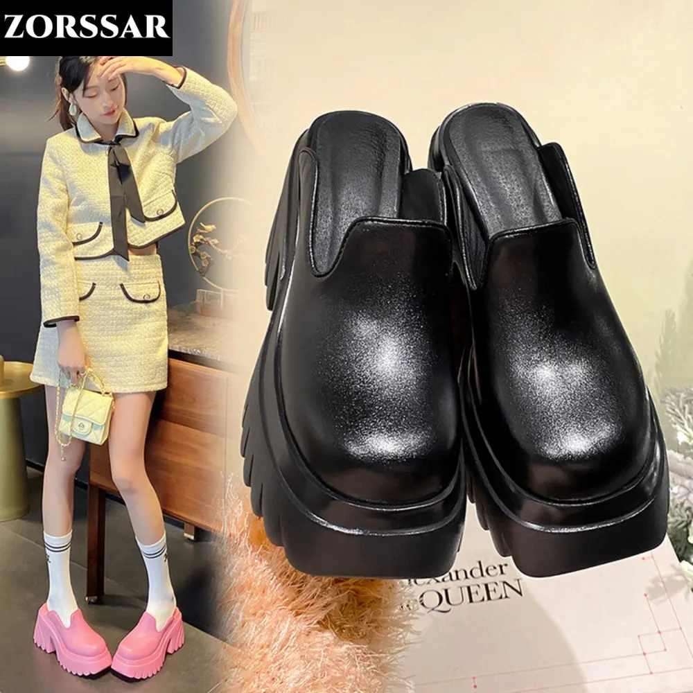

2023 New Genuine Leather Women Sandals Summer Fashion Outdoor Close Toed Casual Beach Slippers Thick Heel Slip on Women Sandals