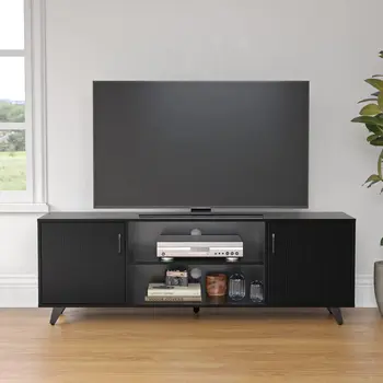 TV Stand Television Stands TV Console Unit with Shelf and 2 Doors Storage Cabinets for Living Room Bedroom (Black, 62.99 inch) 1